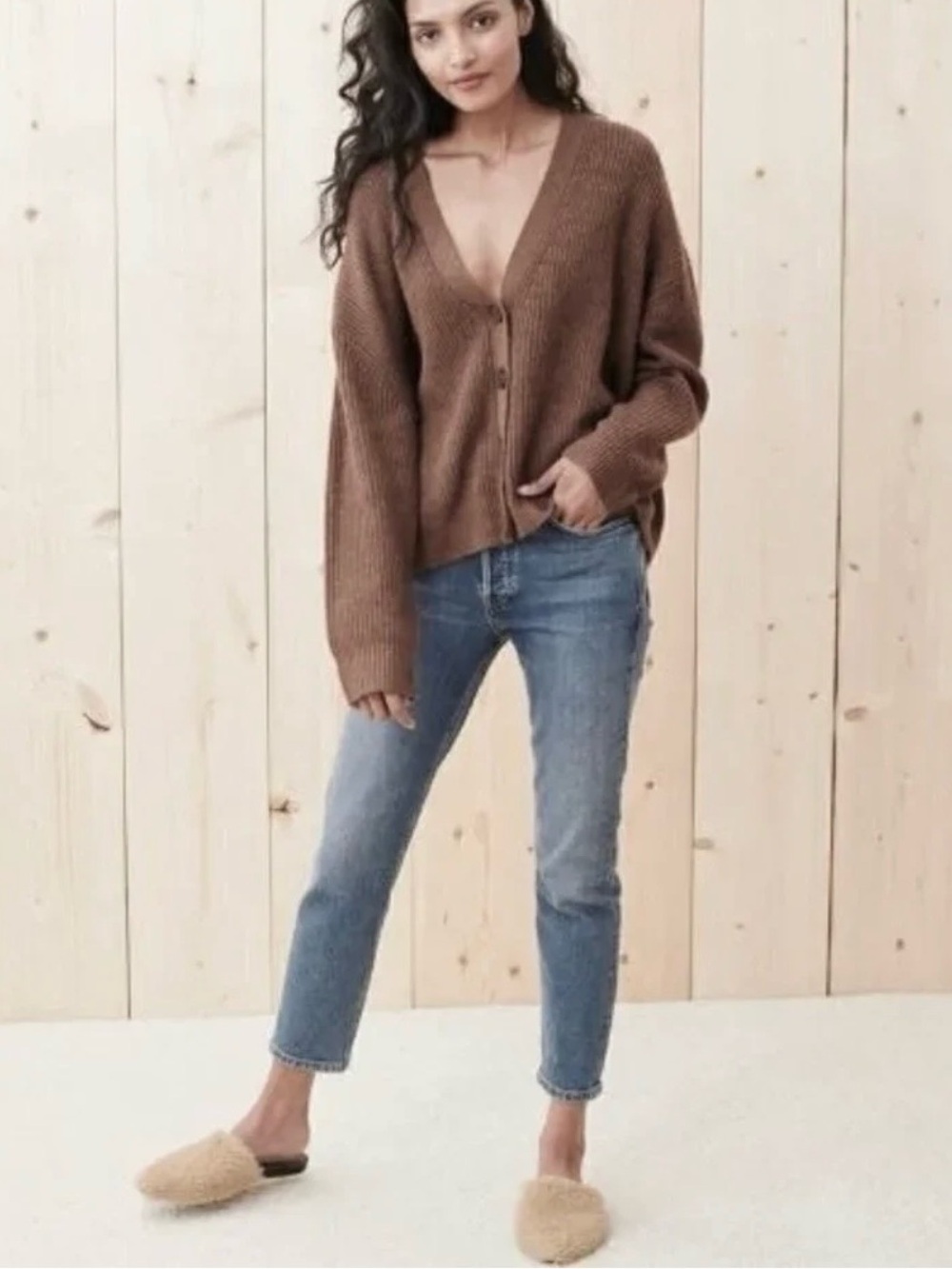 Jenni Kayne Alpaca Wool Taupe Brown V-Neck Button Cardigan Women’s Sweater, M